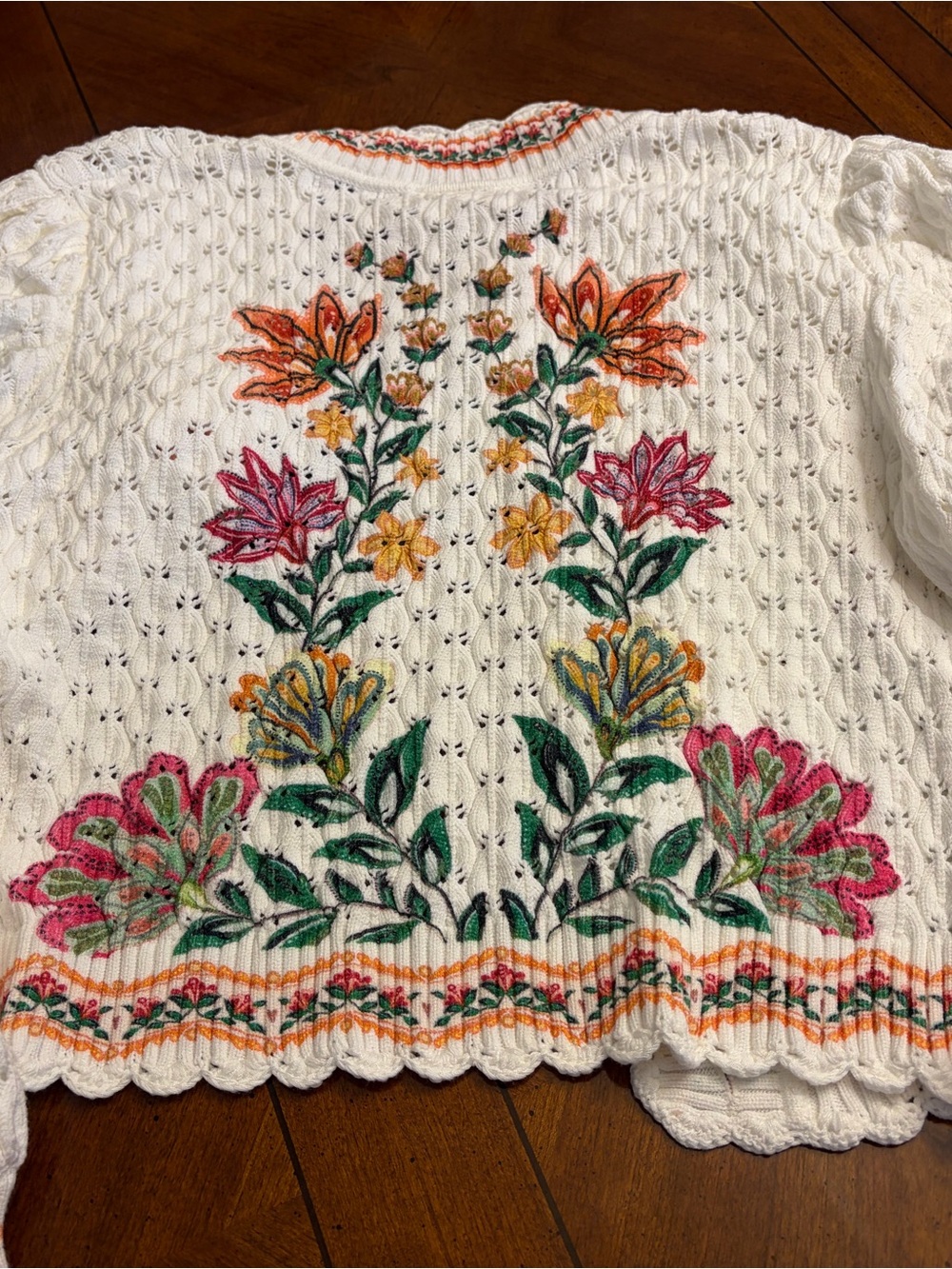 Anthropologie Farm Rio White Floral Embroidered Cable-Knit Cardigan - Picture 3 of 3